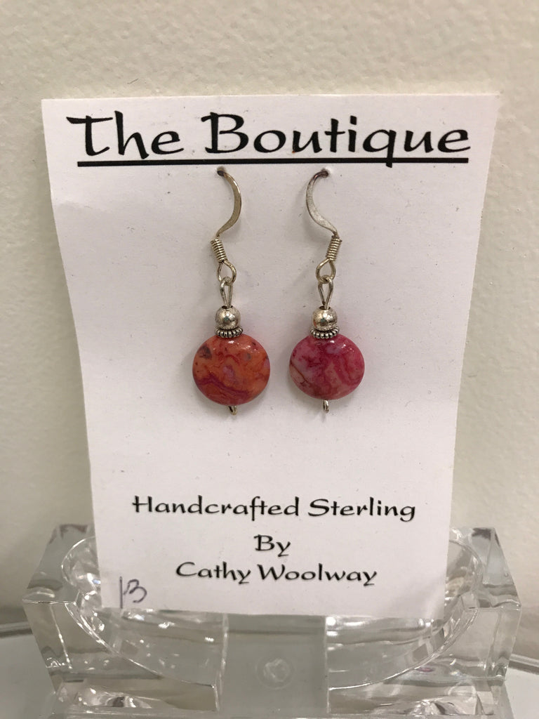 Handmade - Earring Crazy Lace Fuchsia Agate Round Gemstone Silver - Accessories Boutique