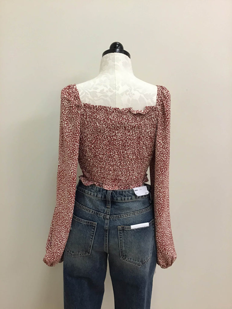 She and Sky Red Cream Shirred Long Sleeve Crop Top