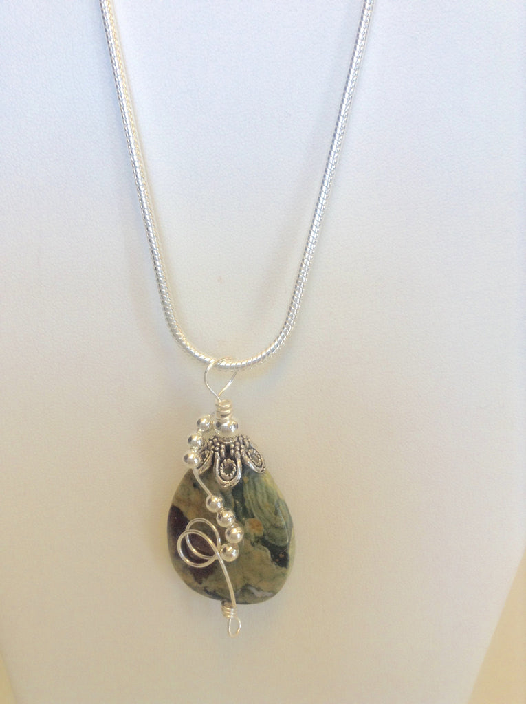 Sterling Silver Wrapped Pendant - Oval Rhyolite Stone