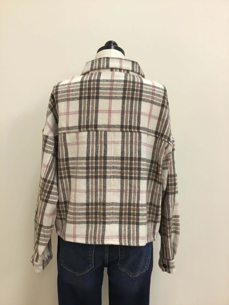 She and Sky Jacket Cream Brown Plaid Long Sleeve Snap Closure