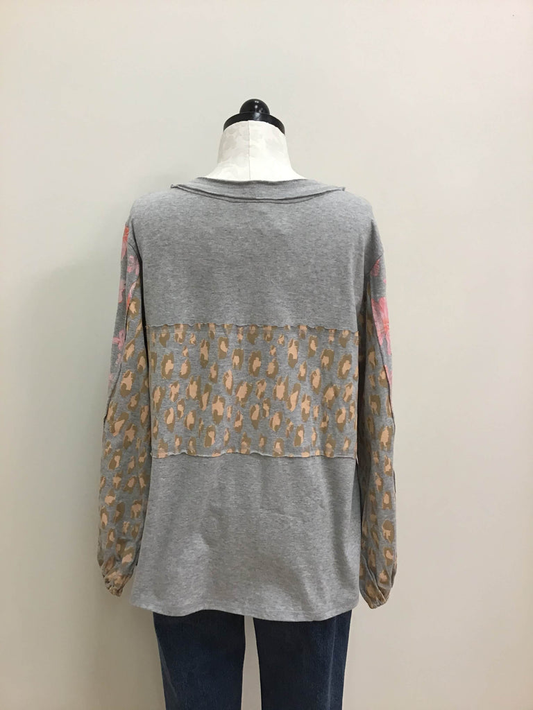 Easel Top Gray Pink Floral Beige Cheetah Print Long Sleeves
