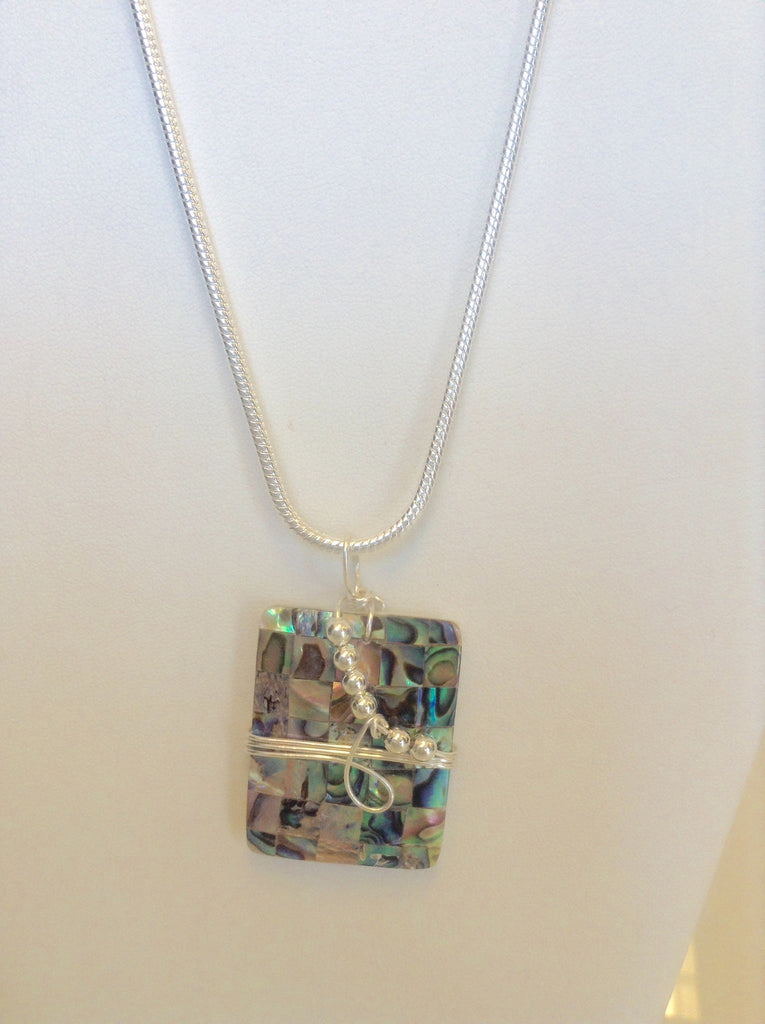 Sterling Silver Wrapped Pendant - Abalone Iridescent Shell Stone