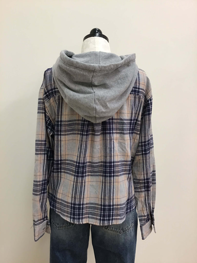Easel Top Blue Gray Plaid Long Sleeve Hoodie