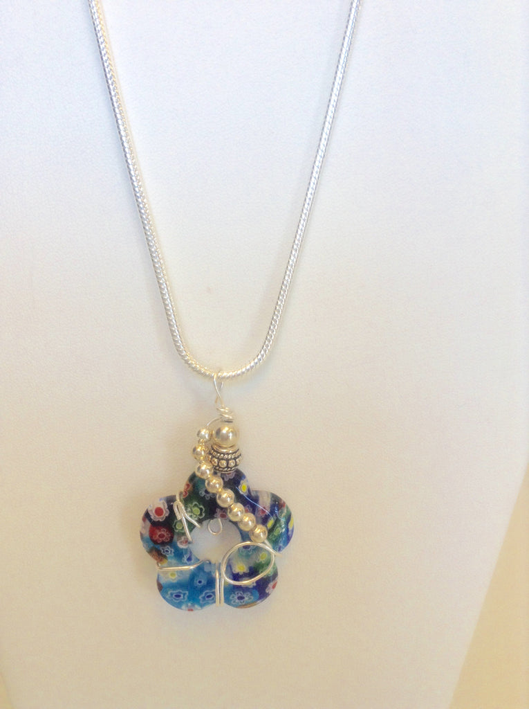 Sterling Silver Wrapped Pendant - Flower Shape Millefiori Stone