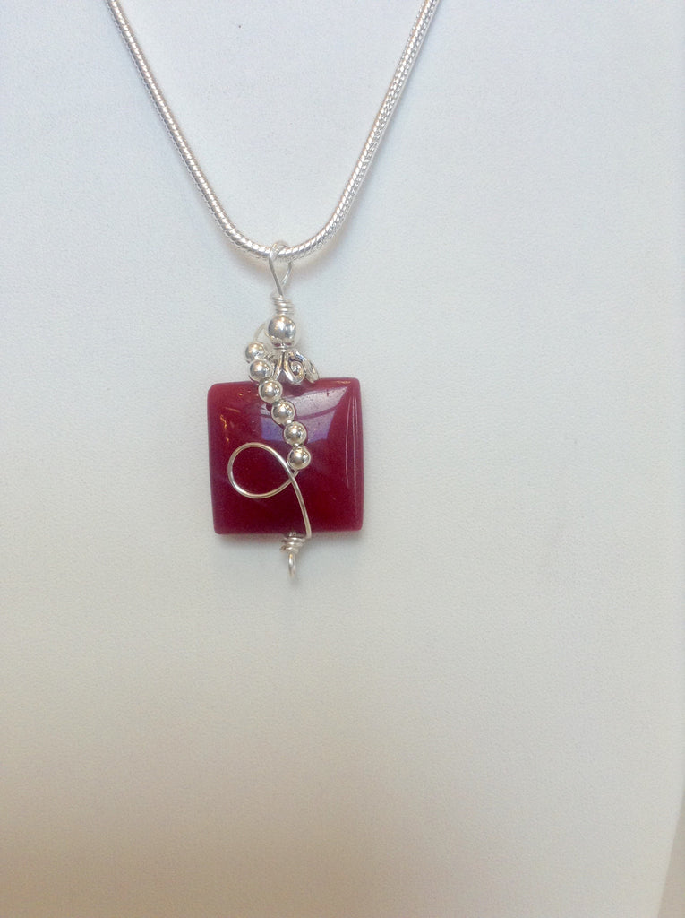 Sterling Wire Wrapped Pendant - Square Red Jade Stone