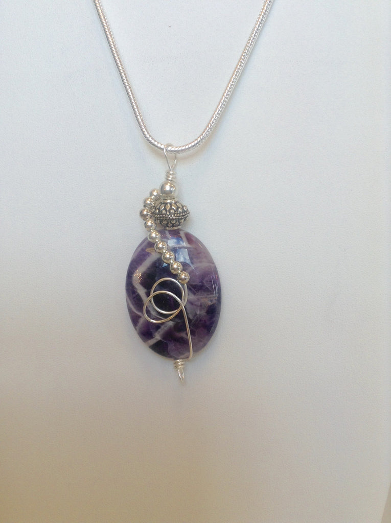 Sterling Silver Wrapped Pendant - Oval Amethyst Stone
