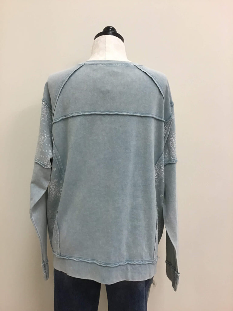Easel Top Blue with White Print Long Sleeves French Terry