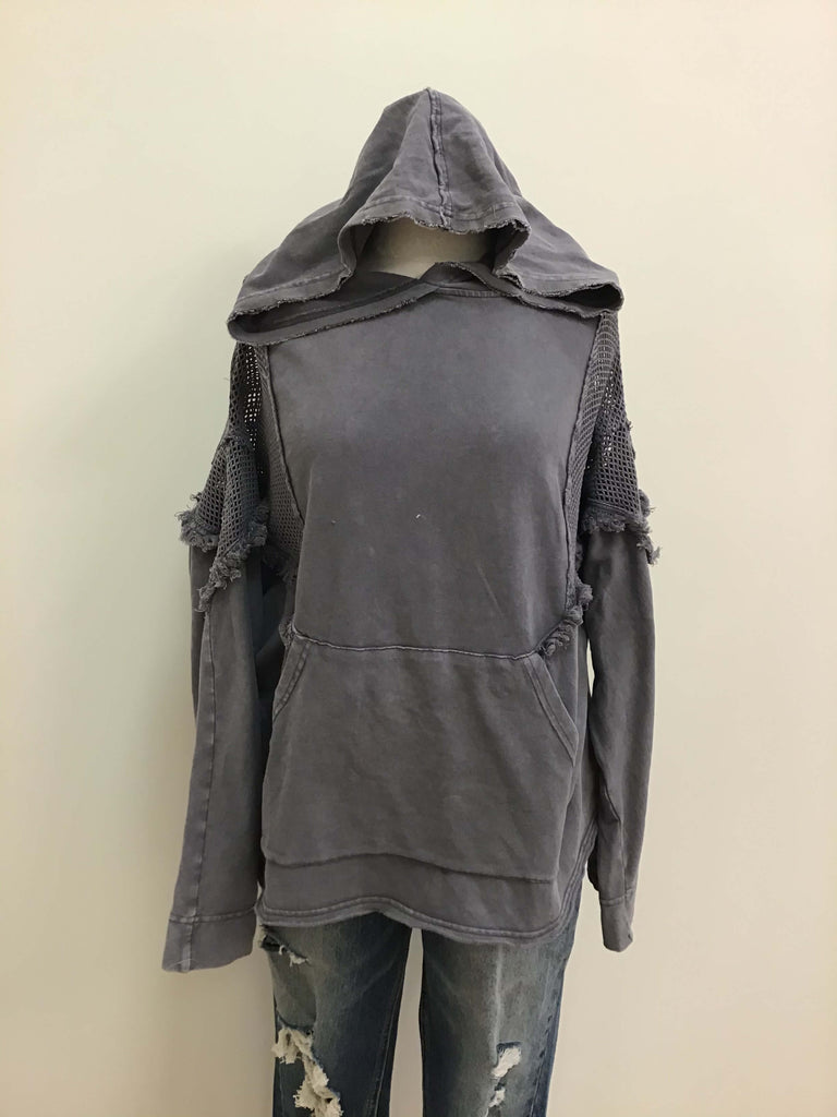 Easel Top Gray Long Sleeve Hoodie Mesh Sides