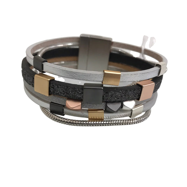 Leather Bracelet Black Silver Metallic Magnetic Clasp BL1140SL