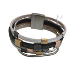 Leather Bracelet Black Silver Metallic Magnetic Clasp BL1140SL