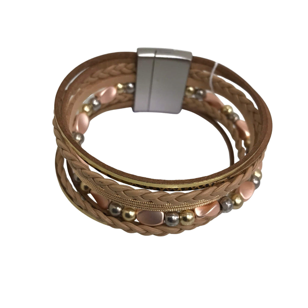 Leather Bracelet Silver Metallic Design Beaded Magnetic Clasp BL1422GD