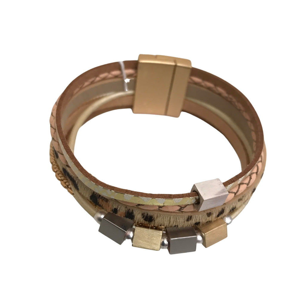Leather Bracelet Tan Leopard Gold Magnetic Clasp BL1468LP