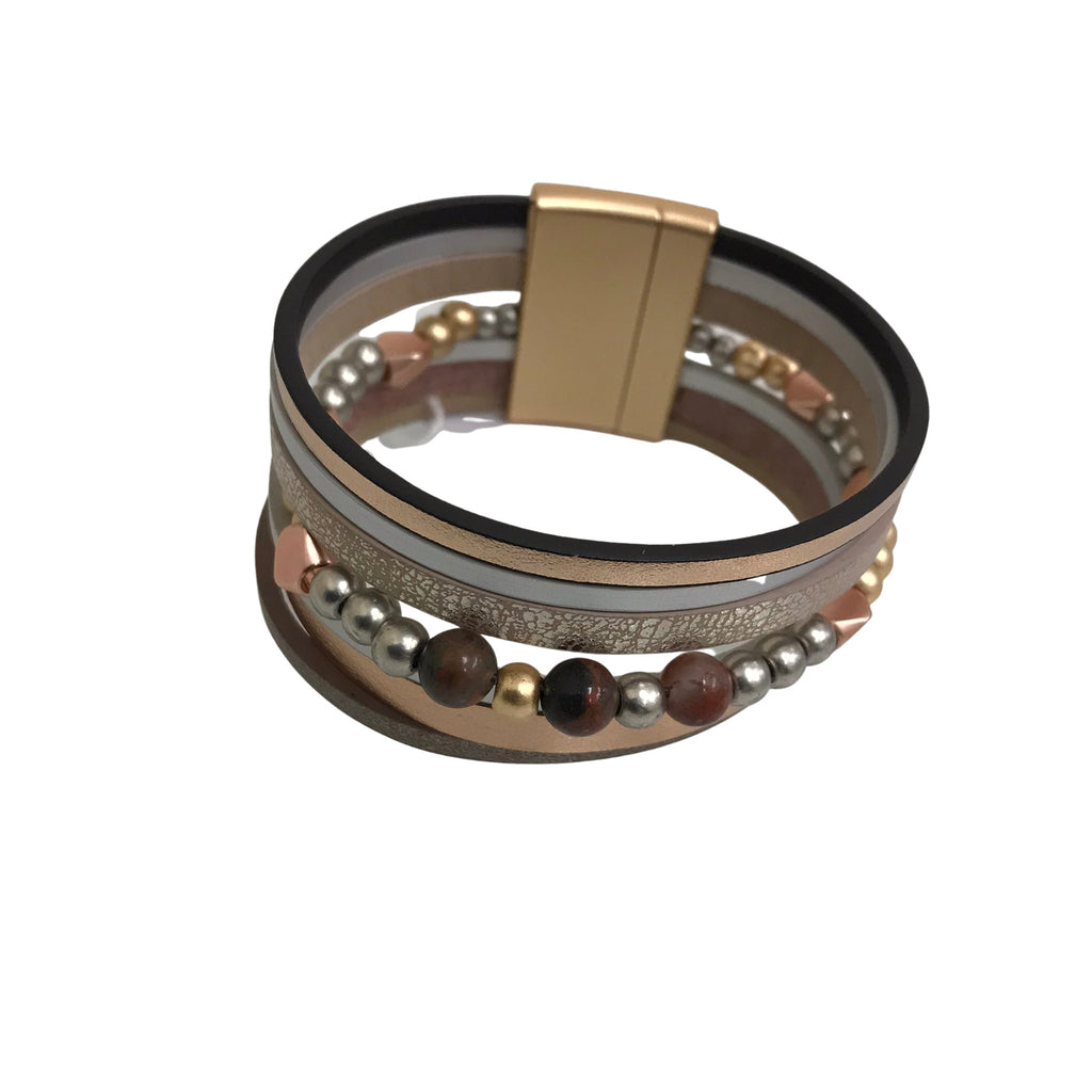 Leather Bracelet Gold Silver Metallic Leather Magnetic Clasp BL2216BG