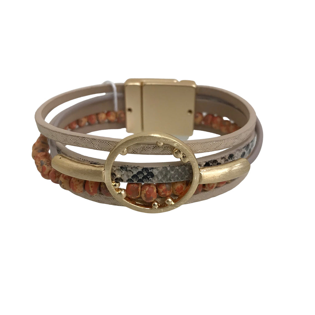Leather Bracelet Gold Metallic Design Beaded Magnetic Clasp C2594