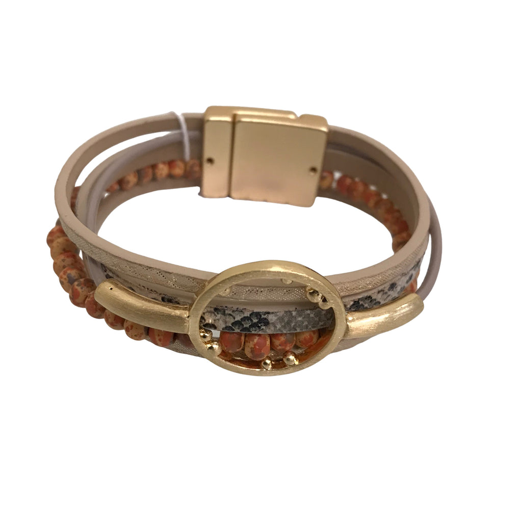 Leather Bracelet Gold Metallic Design Beaded Magnetic Clasp C2594