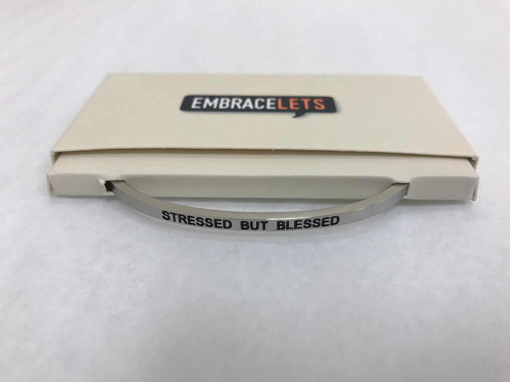Embracelets - "Stressed But Blessed" Silver Stainless Steel, Stackable, Layered Bracelet - Accessories Boutique 