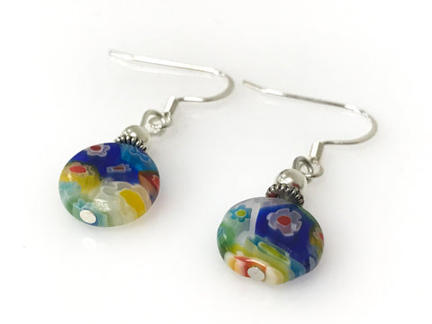 Accessories Boutique Earrings Silver Blue White Murano Glass Round