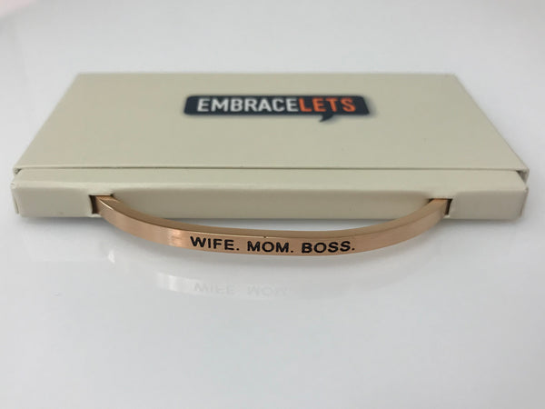 Embracelets - "Wife. Mom. Boss." Rose Gold Stainless Steel, Stackable, Layered Bracelet - Accessories Boutique 