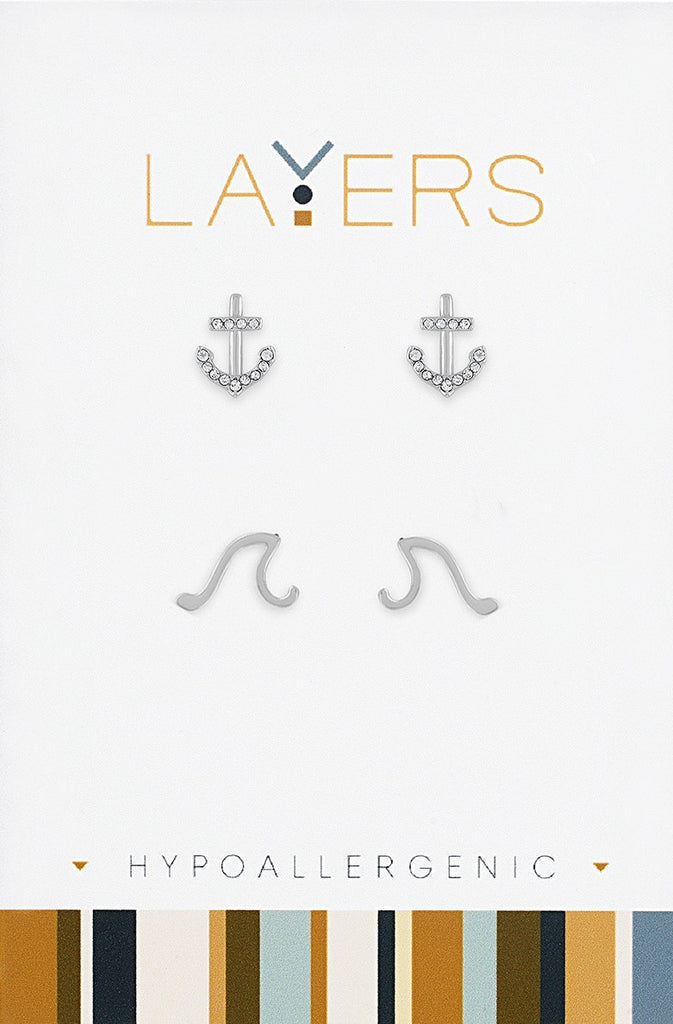 Center Court Layers Earring Silver Crystal Anchor & Wave Stud LAYEAR542S