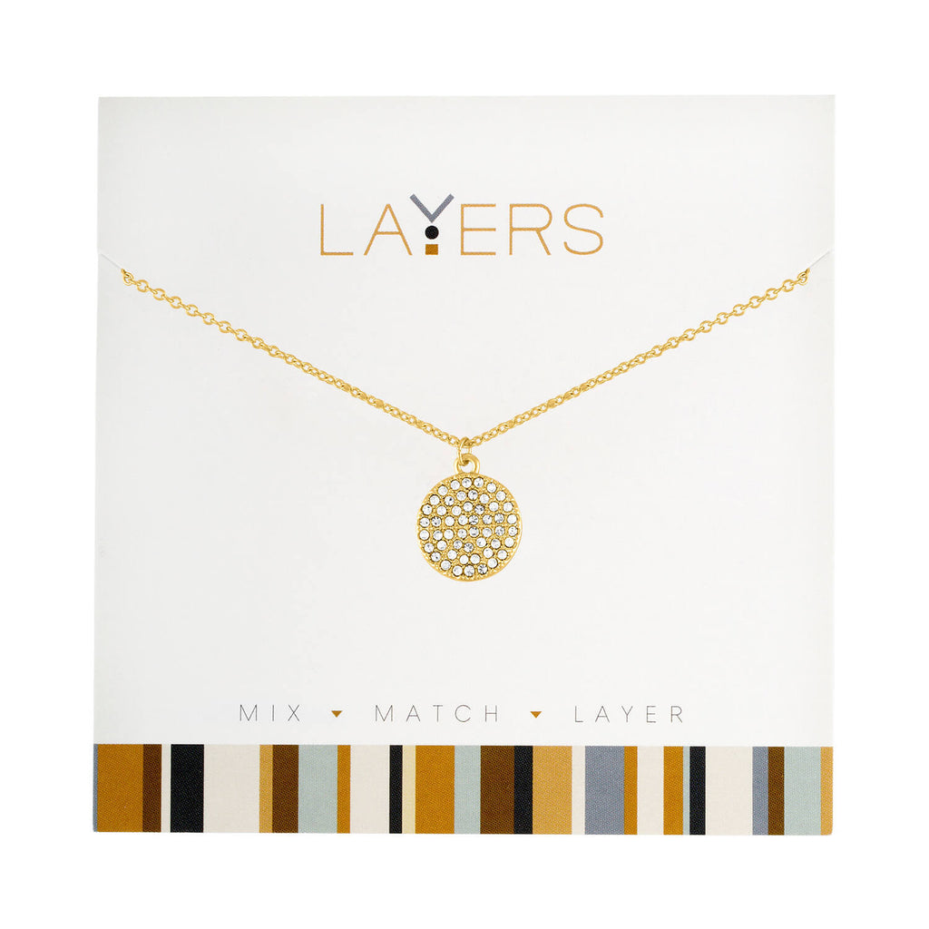 Center Court Layers Necklace Gold Crystals Disc LAY55G