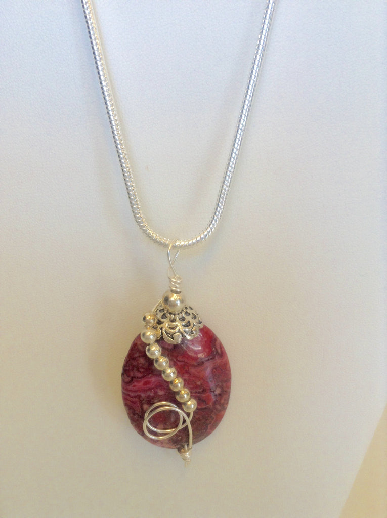 Sterling Wire Wrapped Pendant - Oval Fuchsia Crazy Lace Agate Stone