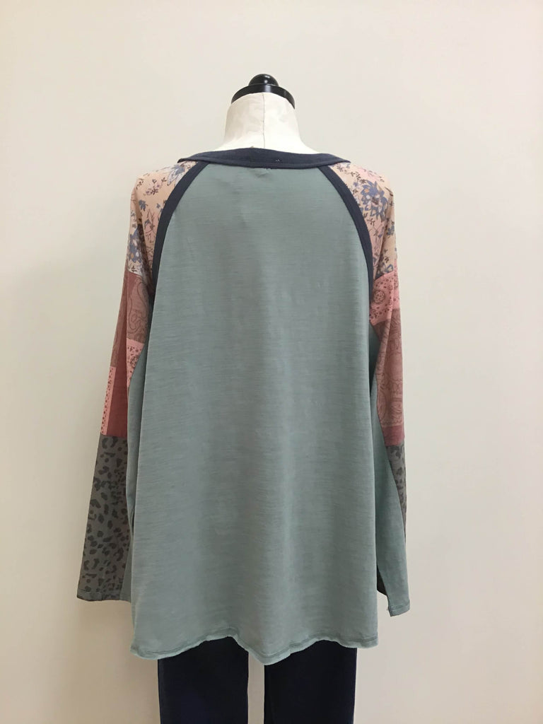 Easel Top Teal PinkFloral Long Sleeve 