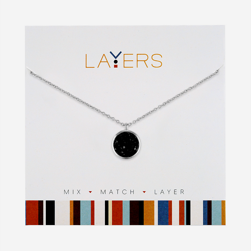 Center Court Layers Necklace Silver Circle Black Druzy LAY567S