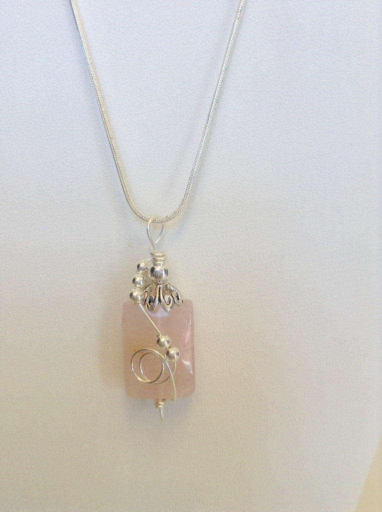 Sterling Silver Wrapped Pendant - Rectangle Light Pink Rose Quartz