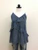 Doe and Rae Top Denim Ruffle Front Spaghetti Strap