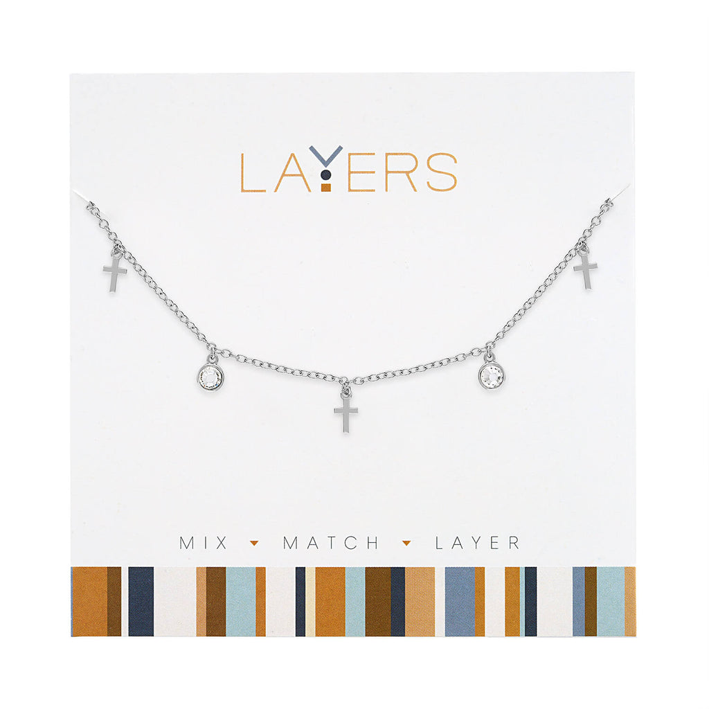 Center Court Layers Necklace Silver Mini Crosses Crystal LAY591G
