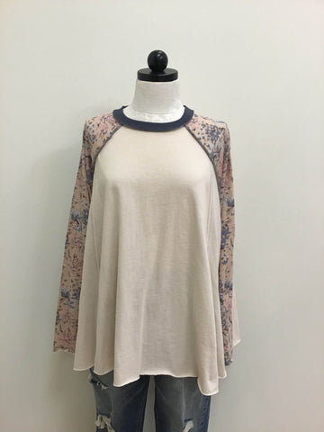 Easel Top Blue White Printed Long Sleeves French Terry